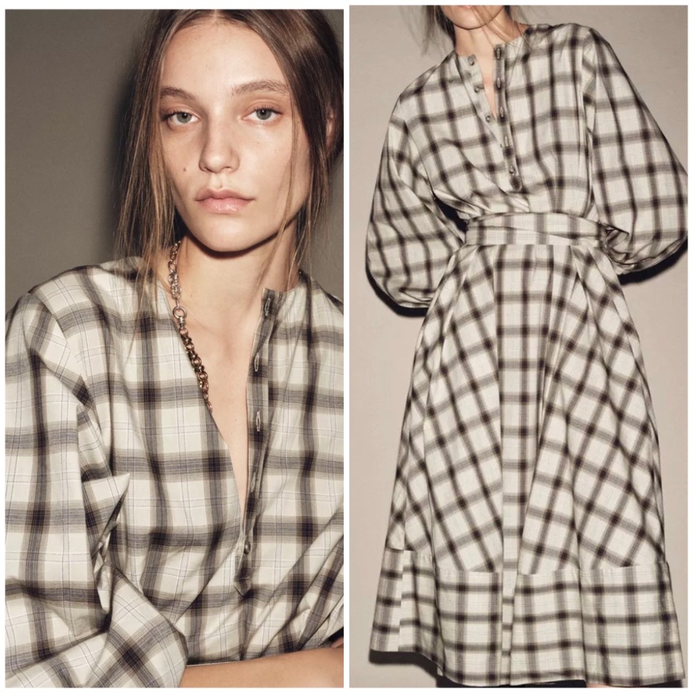 Zara Check Shirt Dress Cotton With Belt Tie Lagenlook Long Sleeves XS Oversized